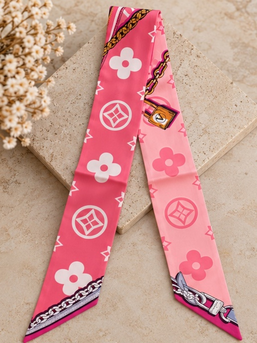 Large Pink Floral Chain Twilly Scarf Designer Inspired